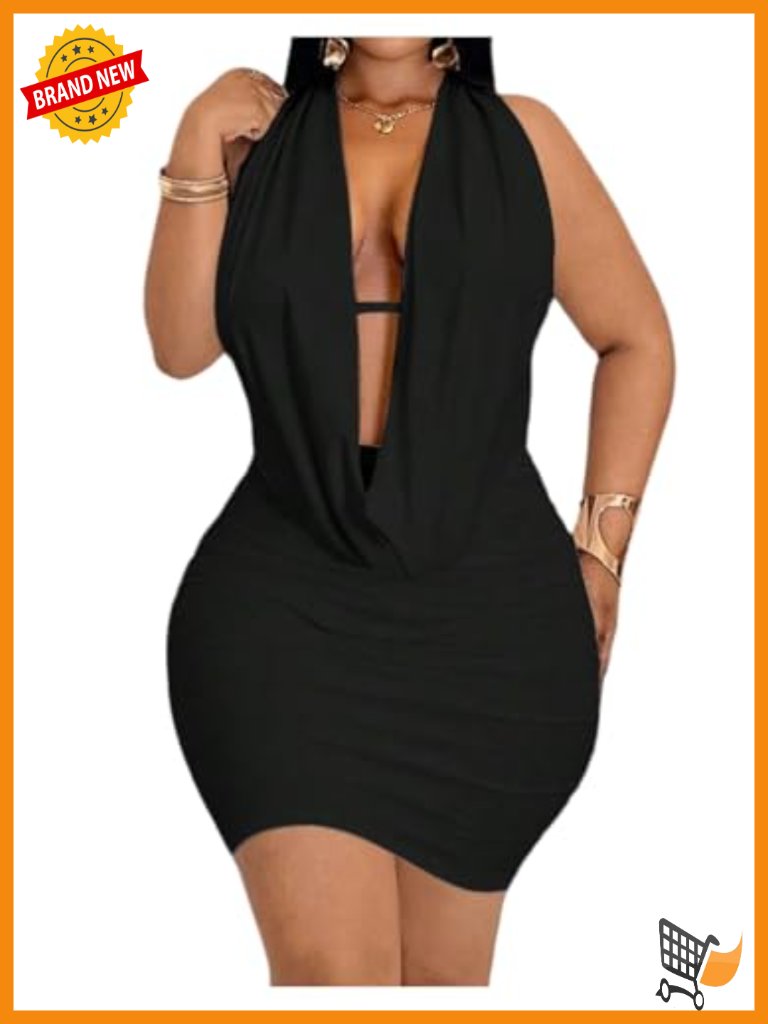 Plus Size Halter Neck Deep V Cowl Neck Bodycon Mini Dress